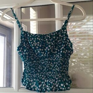 Teal Floral Smocked Tank Top Garden Girl Boho Size Small
